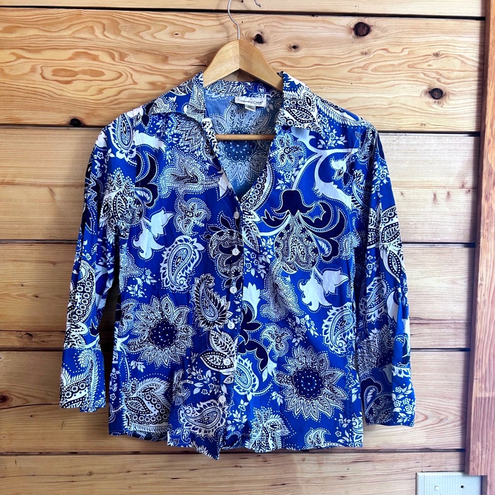 Coldwater Creek Blue White Paisley Floral Cotton Button‎ Front Shirt 3/4 Sleeve